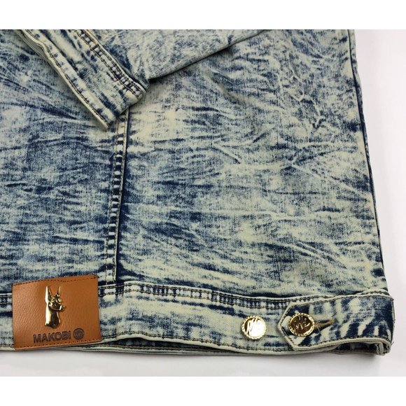 Makobi Mens 6XB Acid Wash Blue Denim Jean Track Jacket Distressed Faded Stripes - Picture 12 of 12